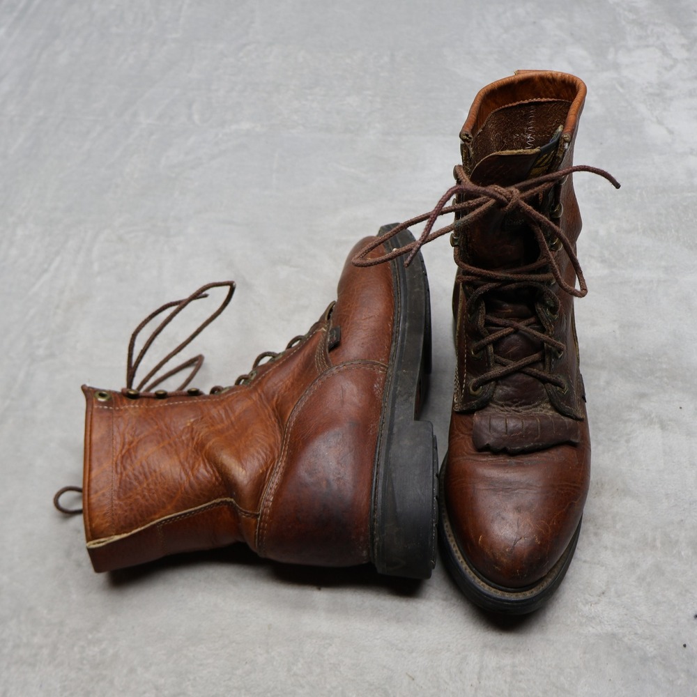 Justin Women 7.5B Lace Up Boots Brown Leather Kiltie Utility USA Made L 762 0038